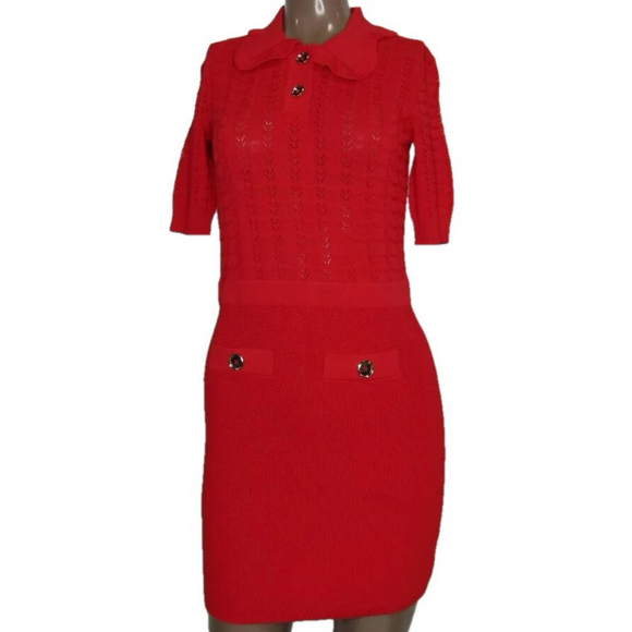 NEW PINKO Womens Mini Dress Red Size XXS Equiseto Abito Pointelle Knit Collared - Picture 1 of 12